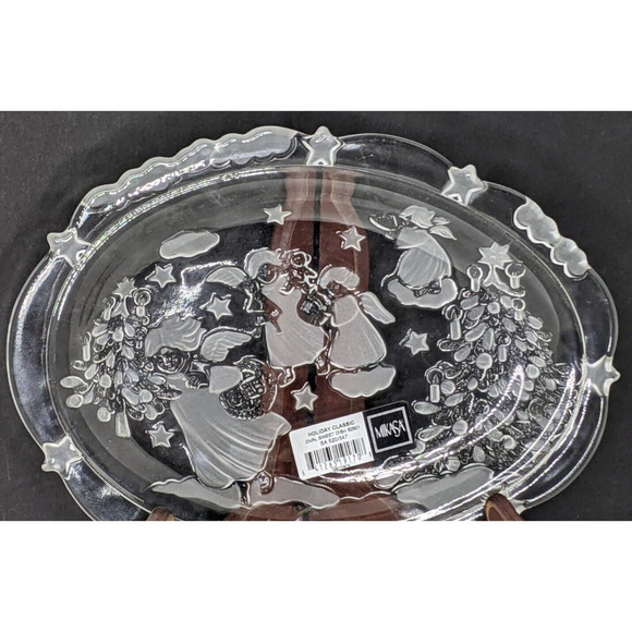 Mikasa Christmas Glass Oval Sweet Dish Frosted 9x7" Angels Stars Made in Germany - Picture 3 of 4